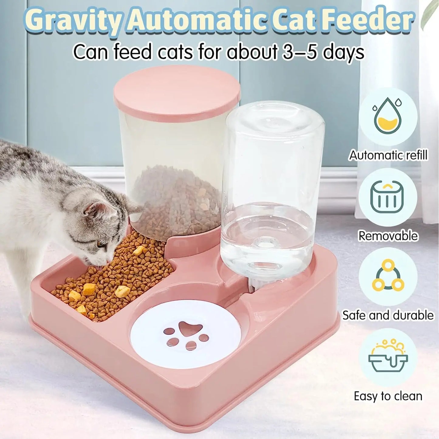 Automatic Gravity Cat Feeder Water Dispenser Set, 2 In 1